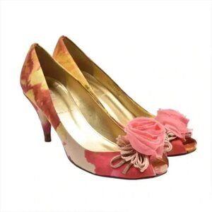 J. Crew Raffia Rose Printed Peep Toe Heels Golden Beach Size 7